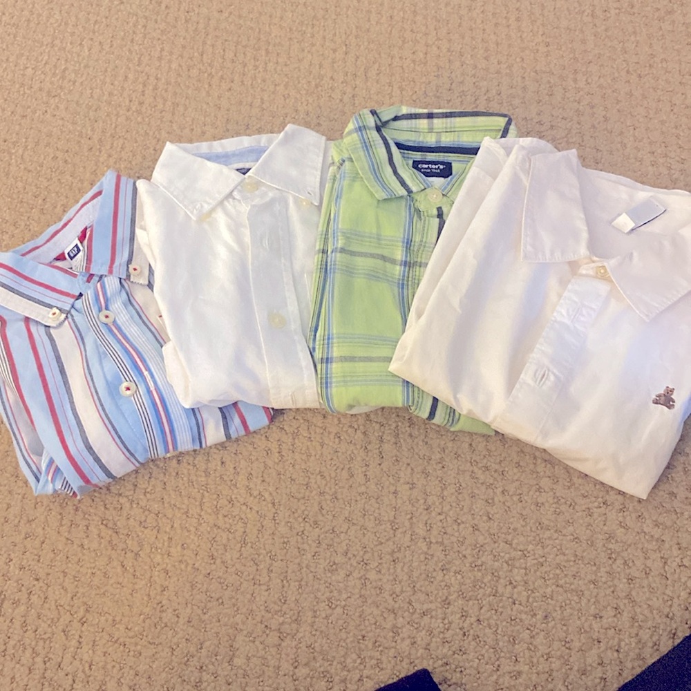 4 GAP SHIRTS. 3 long sleeve (white & striped)+ 1 plaid short sleeve. Boy 5
